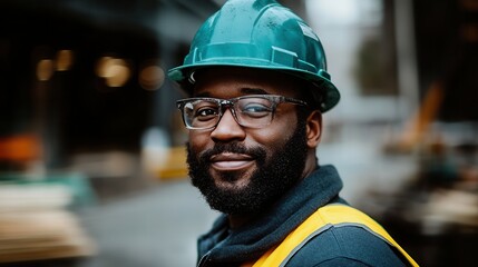 Confident african american engineer at construction site in professional attire. Black History Month