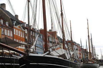 Sailing boats moored in the navigable canal in the center of the capital Copenhagen