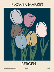 Obraz premium Abstract poster Flower Market Bergen. Trendy botanical wall art with daffodil, narcissus floral design in purple and yellow colors. Modern naive groovy funky interior painting. Vector illustration.