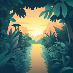 Tropical Sunset Path Through Lush Jungle Foliage