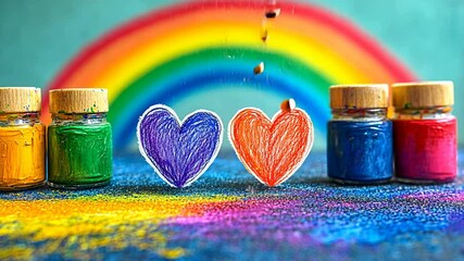 Two hearts in front of a rainbow with paint around them. - Powered by Adobe