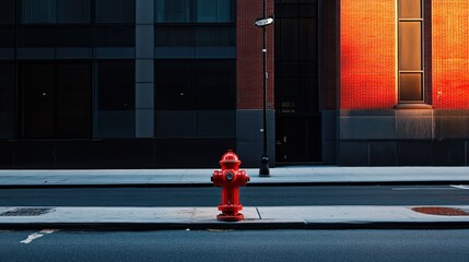 A bright red fire hydrant stands prominently on an urban city street, symbolizing safety and emergency readiness amidst the bustling life of the city environment.