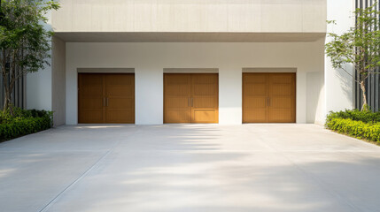 modern townhouse exterior featuring three wooden garage doors, surrounded by greenery and clean concrete driveway. design reflects contemporary architecture and minimalism