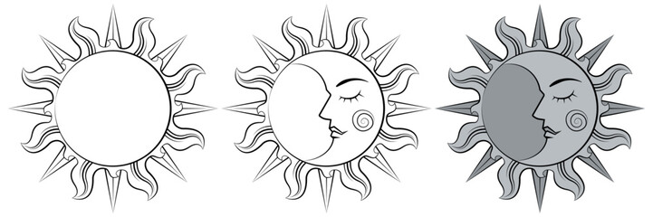 Coloring page. Black line. Magical celestial design template for astrology, fortune telling. Sun face, crescent moon in retro esoteric style. Vector illustration.