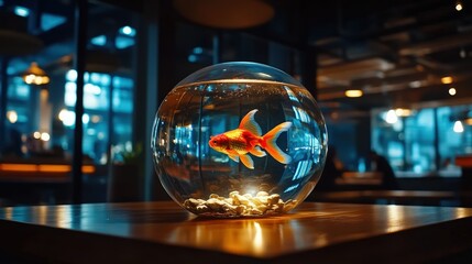 A goldfish swims gracefully in a stylish glass aquarium, showcasing the beauty of aquatic life and the calming ambiance of a serene coffee shop environment.