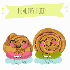 Cinnamon buns illustration, hand drawn, isolated vector illustration, funny pastry cute cheerful characters. Vector hand drawn illistration.