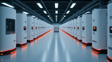 high tech warehouse featuring autonomous robots navigating through rows of advanced storage units. futuristic design showcases efficiency and innovation in logistics