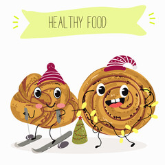 Cinnamon buns illustration, hand drawn, isolated vector illustration, funny pastry cute cheerful characters. Vector hand drawn illistration.