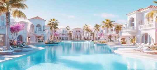 Fototapeta premium Idyllic Tropical Getaway Resort with a Pristine Pool Amid Lush Palm Trees and Serene Blue Skies.