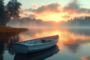 fishing boat on a tranquil lake at sunrise, rendered in 3d to capture the serene beauty of early morning light reflecting on the water's surface