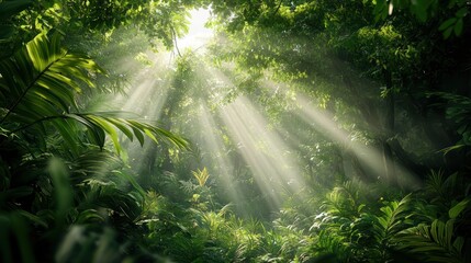 Sunlight filtering through lush green leaves creating a serene forest atmosphere with a gentle breeze rustling the foliage