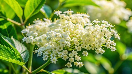 Close-Up Spring Elderflower Bloom, Sambucus Nigra, Shallow Depth of Field