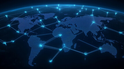 global logistics network concept with interconnected nodes across digital world map, symbolizing modern transportation and communication systems