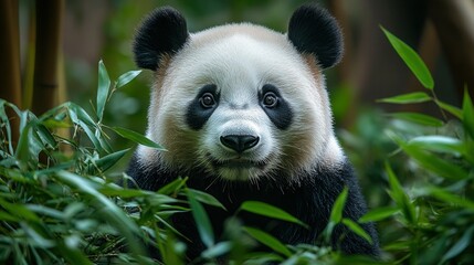Close-up of panda with intense gaze in lush bamboo forest.