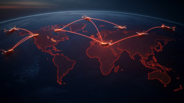 global logistics network concept with connected flight paths over world map, showcasing international travel and trade routes