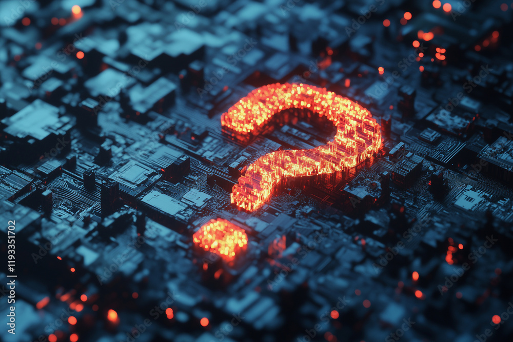 Aufkleber computer generated image of a city with a red question mark in the middle. the image has a futuristi