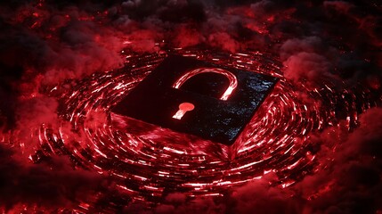 A glowing red lock symbol surrounded by swirling clouds, indicating security and protection themes