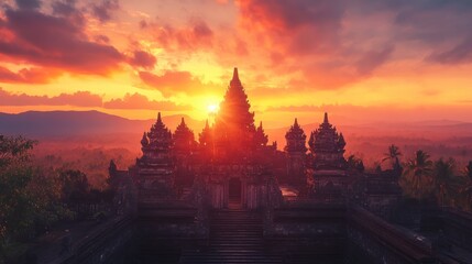 Obraz premium A picturesque view of a historic temple with intricate carvings, set against a backdrop of a fiery sunset