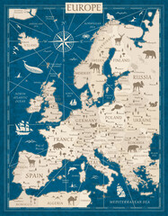 Fototapeta premium Europe Map Retro Vintage Ancient Cartoon - stock vector colored illustration with layers in blue beige colors