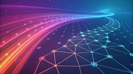 Abstract Network Pathway Dynamic Neon Lines and Nodes, Digital Connectivity, Data Flow Visualization Network Visualization, Data Stream