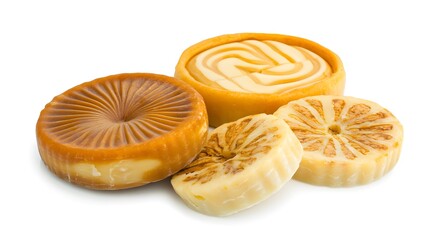 Smoked cheese, rounds and slices isolated