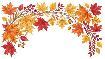 Fototapeta premium Autumn Leaves Watercolor Composition Branch of Maple Leaves, Berries and Acorns, Fall Illustration, Autumn Decor Autumn, Watercolor