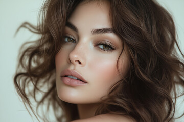 Fototapeta premium woman with brown hair and a light brown face. She has a light brown lipstick on her lips
