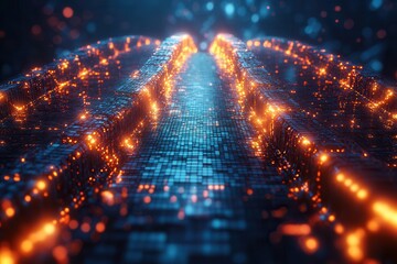 Obraz premium Digital landscape illuminated by glowing data streams in a futuristic setting