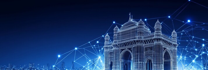 India s Iconic Gateway Futuristic Outline, Architecture Illustration of India Digital Innovation.