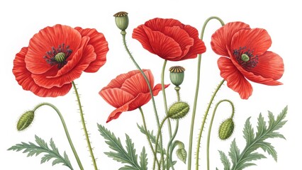 Naklejka premium Botanical Watercolor Poppy Composition Four Red Flowers, Detailed Stems and Leaves, Floral Illustration. Poppy, Watercolor