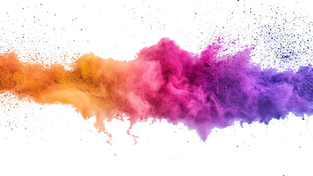 Colorful rainbow powder explosion on a transparent background. Explosive burst of vibrant rainbow colors. Colorful rainbow holi paint color powder explosion isolated white wide panorama background. 