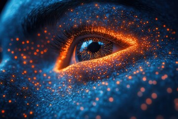 Naklejka premium Eye with sparkling particles illuminated by vibrant colors in a dark setting