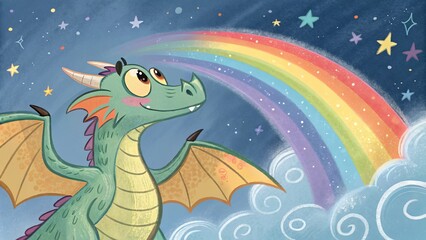 Fototapeta premium Dragon and Rainbow Whimsical Digital Painting, Fantasy Art, Childrens Illustration Keywords Dragon, Rainbow