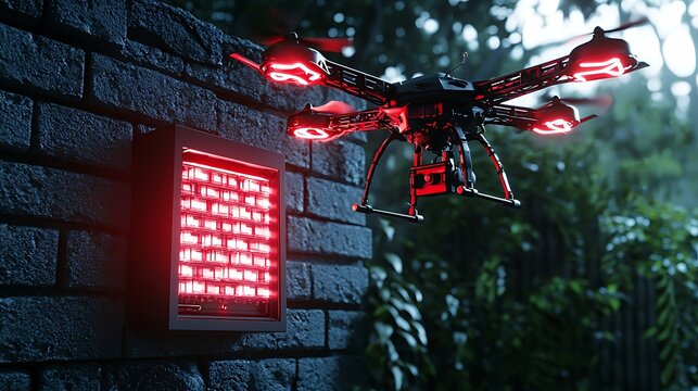 A high-tech drone hovering near a glowing red sensor on a brick wall amidst lush greenery