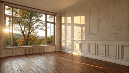 Fototapeta premium Empty Room with Bay Window and Autumnal View Wood Floor, Beige Walls, Sunlight, Interior Design Interior Design,Room Visualization