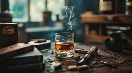 Glass of whiskey with smoke and rustic bar decor