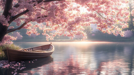 Serene view of cherry blossoms over a tranquil lake with a boat during National Foundation Day of Japan