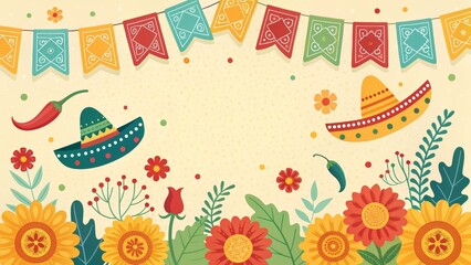 Fototapeta premium Fiesta Floral Composition Sombreros, Bunting and Flowers, illustration, design Fiesta, Mexican