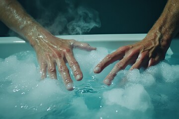 Fototapeta premium Close-up of hands playing with bubbles in a steaming bathtub.