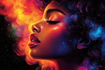 Fototapeta premium Vibrant cosmic profile of a young woman surrounded by swirling colorful nebula