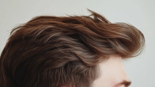 Stylish men's haircut. Brown hair showcased against a plain white backdrop.