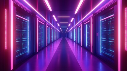 Fototapeta premium Neon Lit Server Room Corridor Data Center