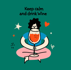Groovy hand drawn card with wine glass illustrations with funny quotes . Art for greeting cards, wedding invitations, poster design, postcards, branding, logo design, background.