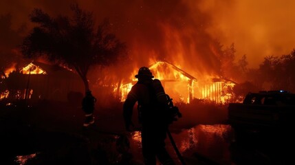 Brave firefighters battle intense wildfire engulfing suburban homes at night