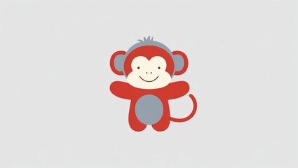 Fototapeta premium This is a simple and cheerful cartoon image of a monkey with a stylized design. The monkey has a round face, a big, warm smile, and a heart-shaped nose, with its arms and legs spread out in a playful