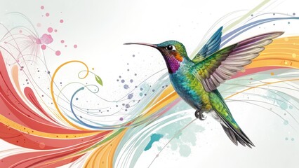 Naklejka premium Hummingbird in Flight Abstract Colorful Swirls and Watercolor Splashes, Digital Painting, Bird Art, Nature Hummingbird, Abstract Art
