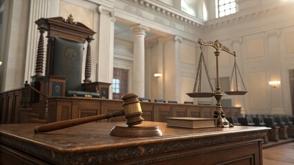 Justice Scale and Gavel in Courtroom 3D Render, Law, Legal Law, Justice