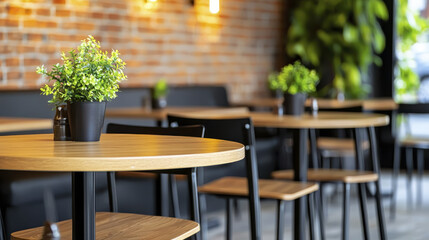 Obraz premium Cozy independent cafe interior with wooden tables and green plants