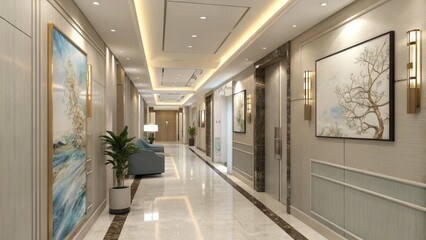Obraz premium Luxury Hotel Corridor 3D Rendering, Abstract Art, Marble Floor, Calm Ambiance, Interior Design Hotel Lobby, Interior Design