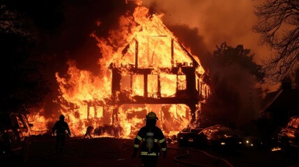 Brave firefighters battle raging inferno engulfing a house in a dramatic night scene, showcasing the intense flames and destruction.